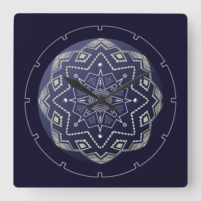 Esfera azul y blanca Mandala reloj de pared (Anverso)