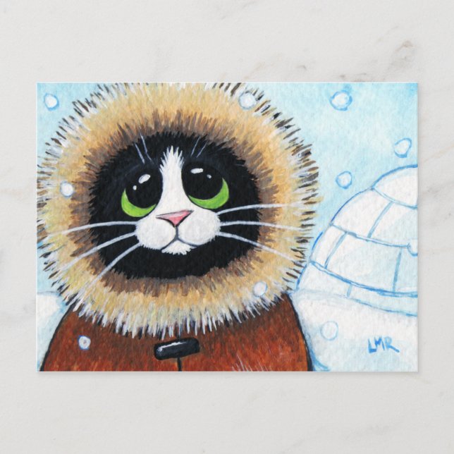 Eskimo Cat e Igloo | Postal de arte animal (Anverso)
