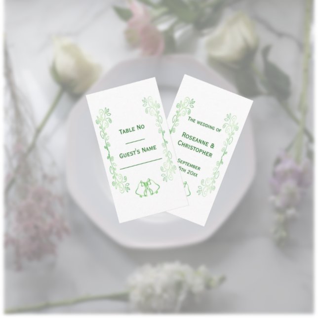 Esmeralda Verde Boda Lugar Bellezas de tarjetas De (Emerald green wedding place setting card bells and scrollwork design)