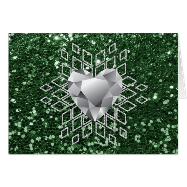 Esmeralda Verde Faux Purpurina Diamond Heart Snowf (Anverso (Horizontal))