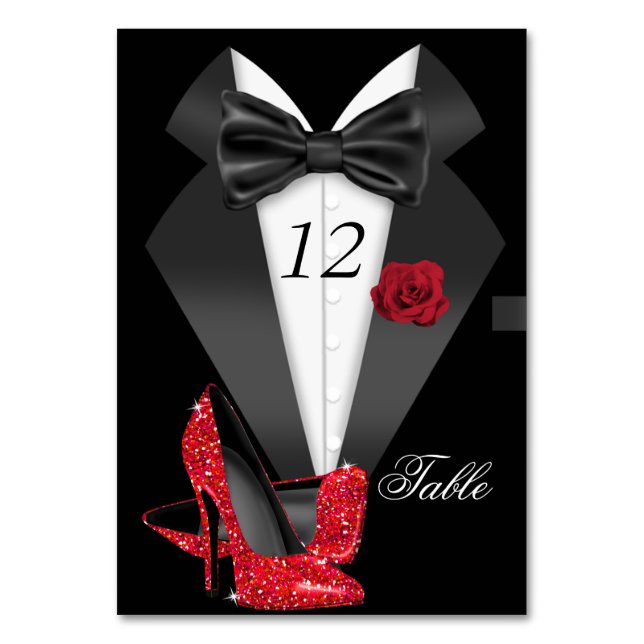 Esmoquin Formal Negro Tacones Rojos Número de Mesa (Anverso)