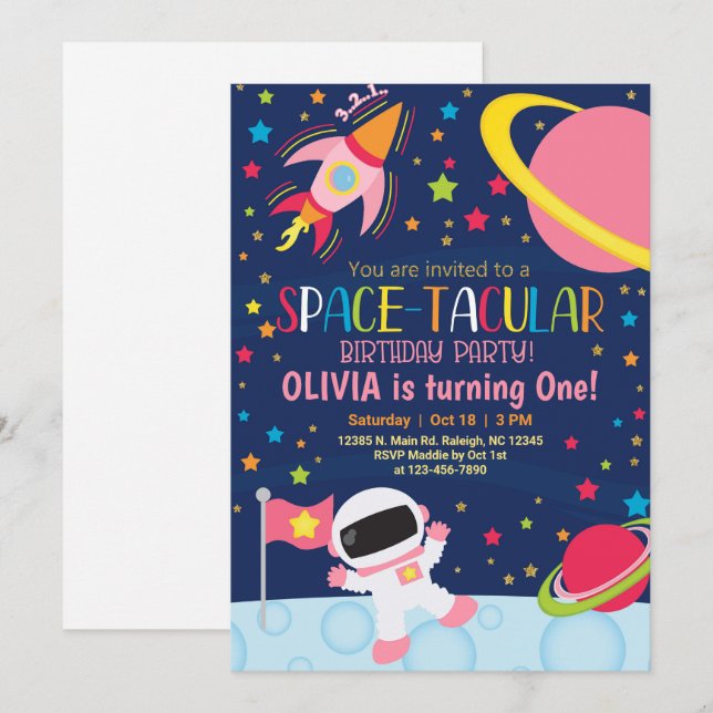 Espacetacular invitación de cumpleaños chica en el (Anverso / Reverso)