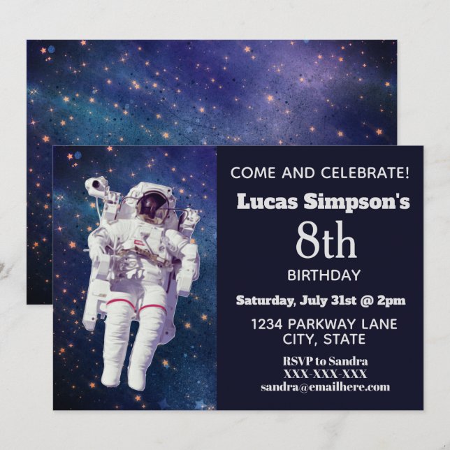Espacio astronauta invitaciones de cumpleaños con  (Anverso / Reverso)