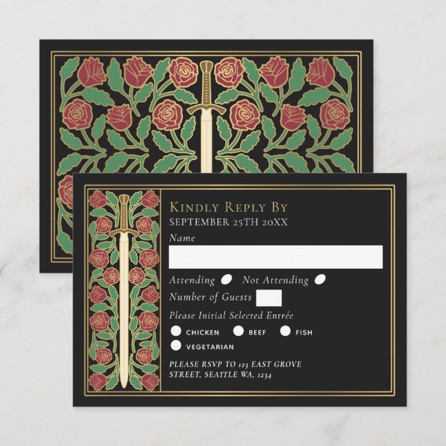 Espada Floral Medieval Negra Dorada RSVP de Boda (Anverso / Reverso)