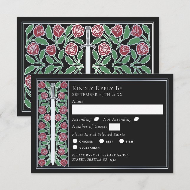 Espada Floral Medieval Negra Plateada RSVP de Boda (Anverso / Reverso)