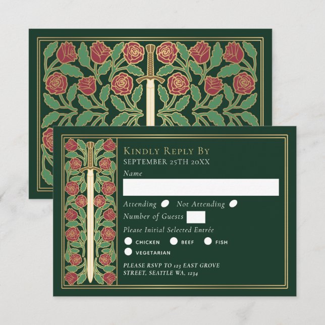 Espada Floral Medieval Verde Dorado RSVP de Boda (Anverso / Reverso)