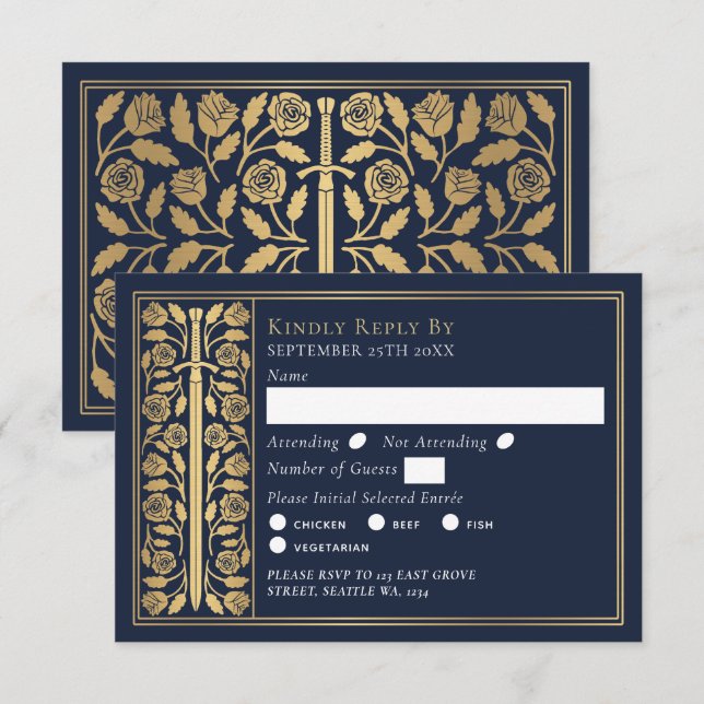 Espada Medieval Azul Dorado RSVP de Boda (Anverso / Reverso)