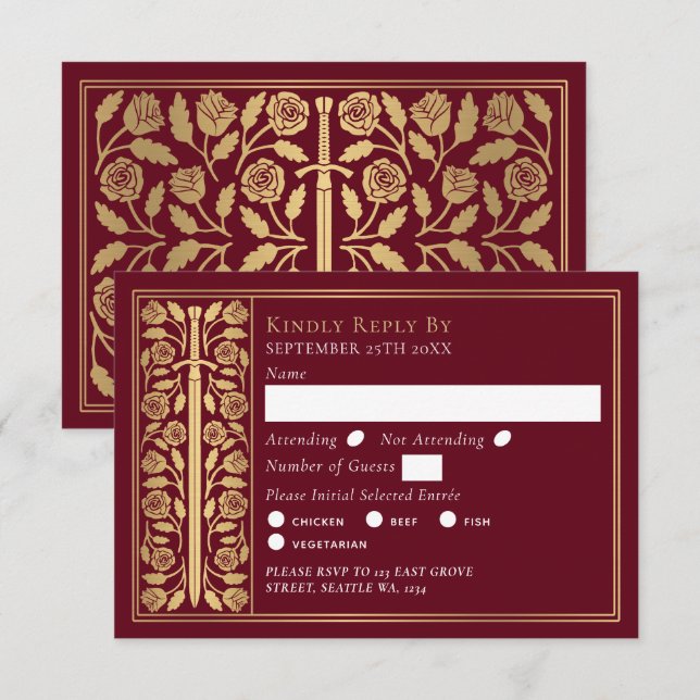Espada Medieval Roja Dorada RSVP de Boda (Anverso / Reverso)