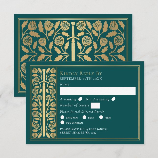 Espada Medieval Teal Dorada RSVP de Boda (Anverso / Reverso)