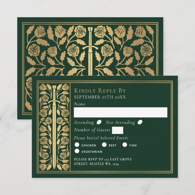 Espada Medieval Verde Dorada RSVP de Boda (Anverso / Reverso)