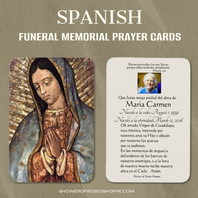 España Guadalupe María Oración Funeral Santa Tarje (Spanish Catholic Guadalupe Funeral Memorial Prayer Cards)