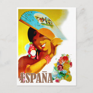 España, mujer detrás del abanico, postal de viaje
