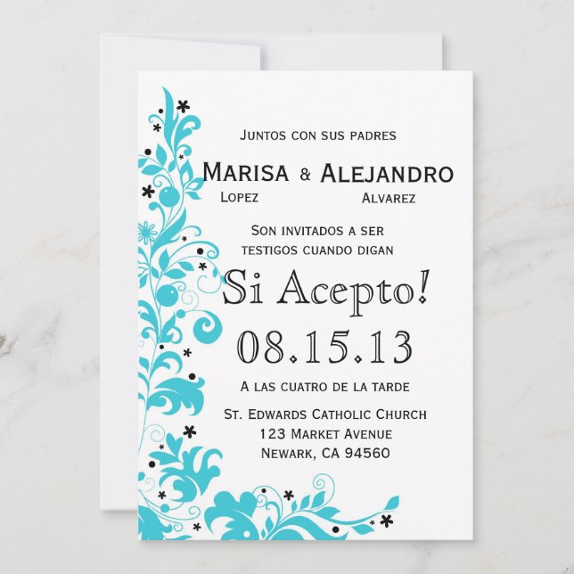 Español del en de Azul Y Blanco Invitacion de Boda (Anverso)