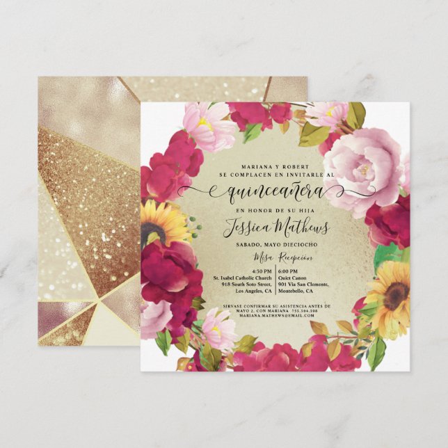 Español, Floral Roja Quinceañera, Invitación Purpu (Anverso / Reverso)