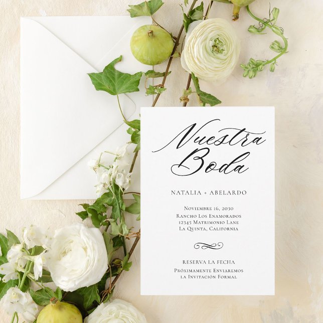 Español Guardar La Tarjeta De Fecha Elegante Negro (Spanish Save the Date card for your Spanish-only friends and family. #latinawedding)
