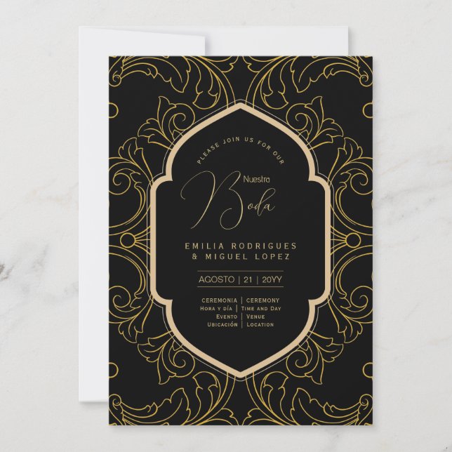 Espanol Invitación Boda Elegant Black Gold Wedding (Anverso)
