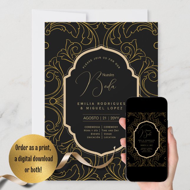 Espanol Invitación Boda Elegante Boda de Oro Negro (Subido por el creador)