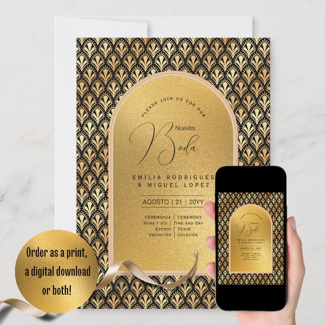 Espanol Invitación Boda Elegante Boda de Oro Negro (Subido por el creador)