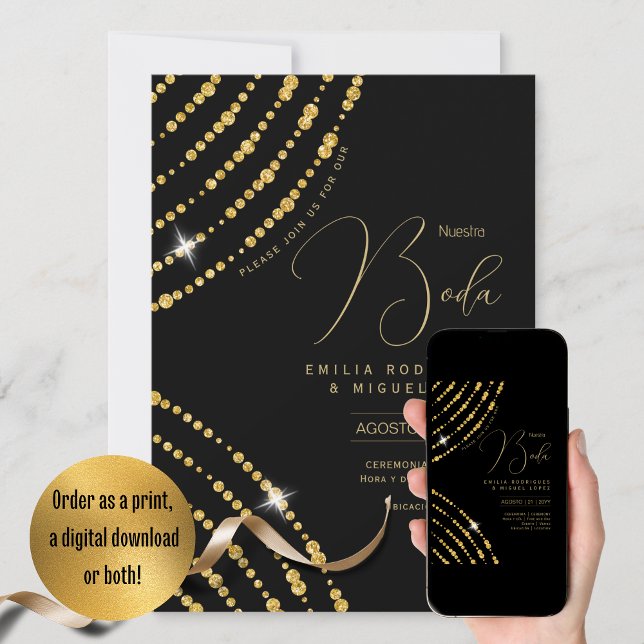 Espanol Invitación Boda Elegante Boda de Oro Negro (Subido por el creador)