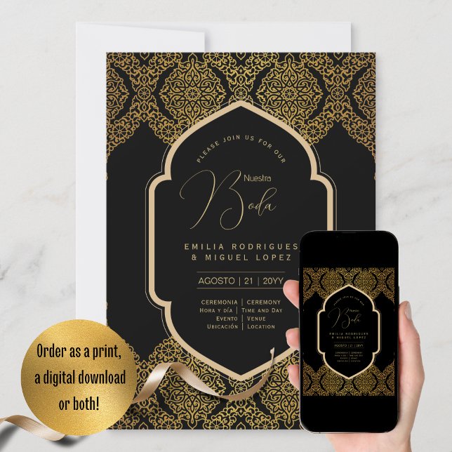 Espanol Invitación Boda Elegante Boda de Oro Negro (Subido por el creador)