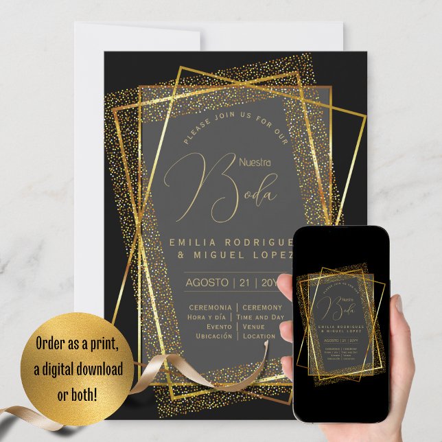 Espanol Invitación Boda Elegante Boda de Oro Negro (Subido por el creador)