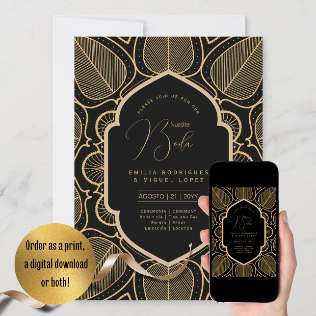 Espanol Invitación Boda Elegante Boda de Oro Negro (Subido por el creador)