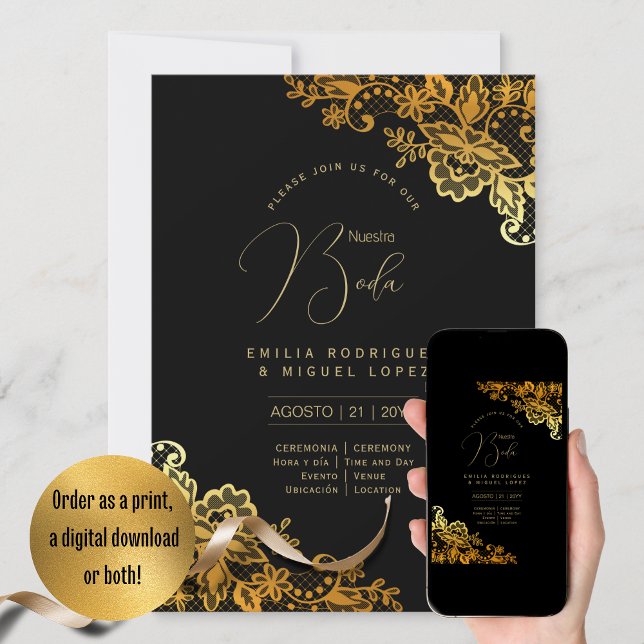 Espanol Invitación Boda Elegante Boda de Oro Negro (Subido por el creador)