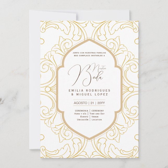 Espanol Invitación Boda Elegante Ornato de Oro Bla (Anverso)