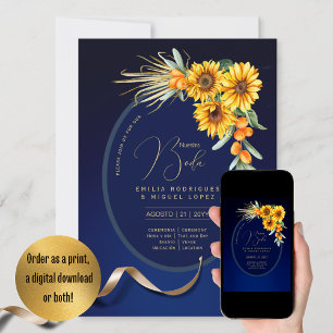 Espanol Invitación Boda Flores Rústicas Azul Inv