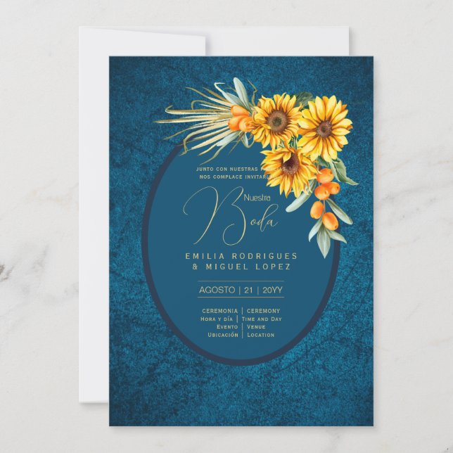 Espanol Invitación Boda Flores Rústicas Azules (Anverso)