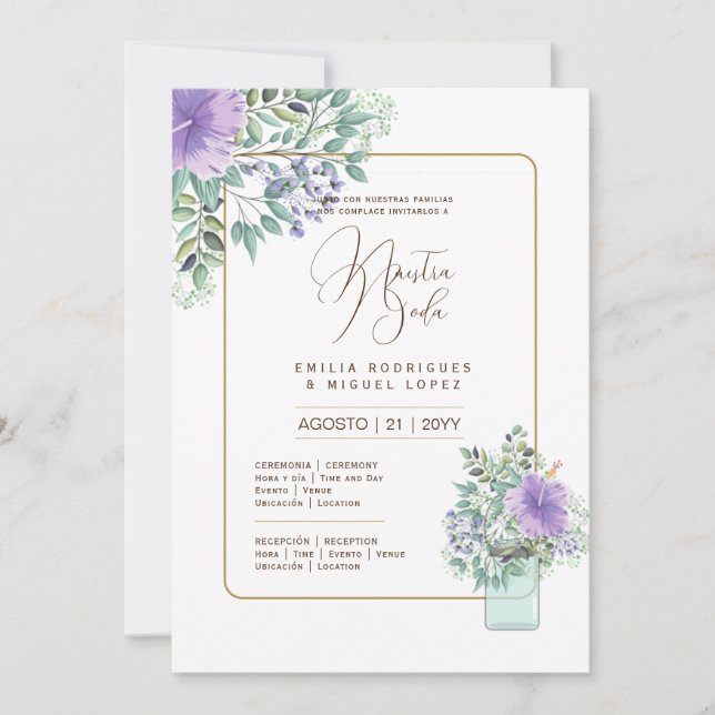 Espanol Invitación de Boda Boda floral Rústico (Anverso)