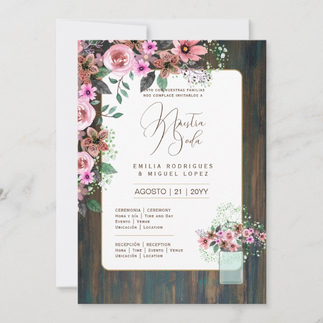 Espanol Invitación de Boda Boda floral Rústico I (Anverso)