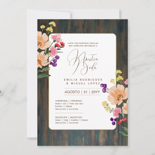 Espanol Invitación de Boda Boda floral Rústico I (Anverso)