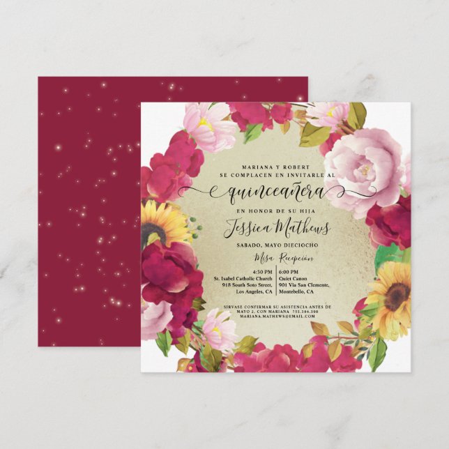Español, Quinceañera Elegante Invitación Floral Ro (Anverso / Reverso)