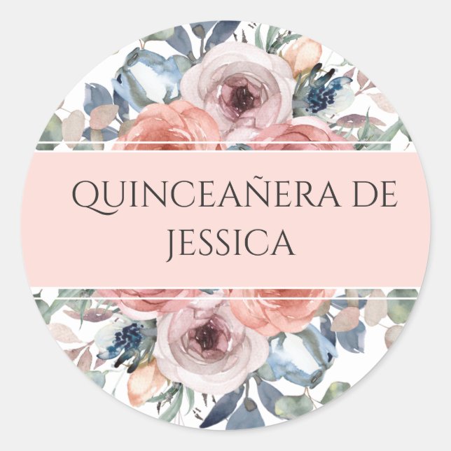 Español, Quinceañera, Sello de Sobre Floral/Favor (Anverso)