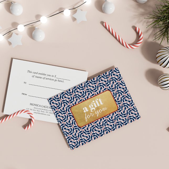 ESPECIAL DE VACACIONES DE ORO ROJO AZUL VERDE DE L (Customizable Gift Certificates: Gold Leaves, Red Berries, Faux Gold Plaque - Gift for You!)