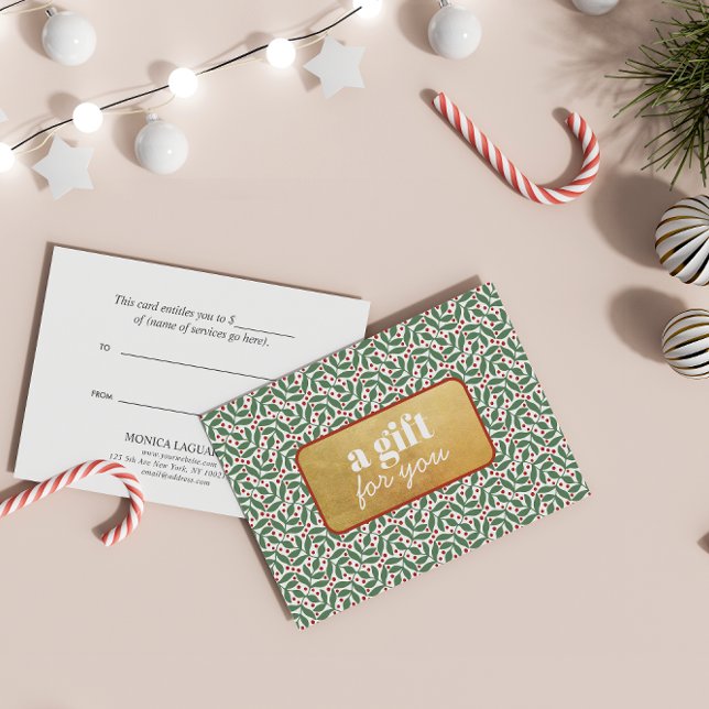 ESPECIAL DE VACACIONES DE ORO ROJO VERDE navidades (GREEN FOLIAGE RED BERRIES FAUX GOLD PLAQUE ELEGANT LUXURY FESTIVE CHRISTMAS GIFT CARD)
