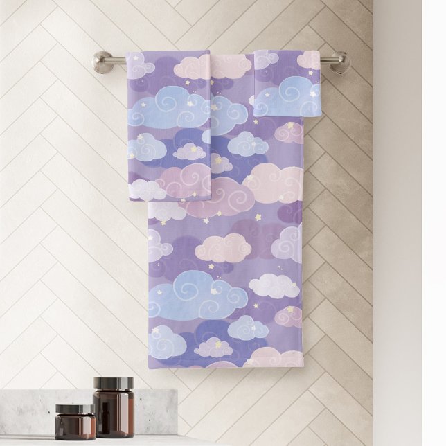 Espectacular patrón de nubes pasteles y estrellas (Whimsical Purple Sky & Clouds Pattern Bath Towel Set)