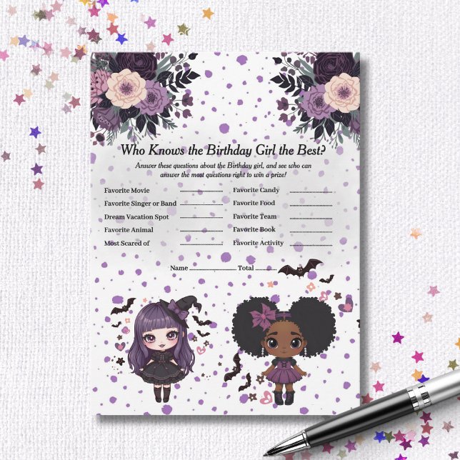 Espectacular tarjeta de juego Trivia chica de cump (Spooky Gothic Birthday girl Trivia Game card)