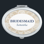 Espejo Compacto Arpillera y dama de honor del cordón personalizada<br><div class="desc">Este espejo compacto oval ofrece un fondo de la arpillera con una capa blanca del cordón. El centro del acuerdo es blanco y ofrece el texto adaptable de los azules marinos para el nombre de la dama de honor.</div>