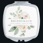 Espejo Compacto Boda de la dama de honor con flores de rosa blanca<br><div class="desc">Las rosas blancas blandas y las hojas verdes de salvia crean una hermosa pantalla floral en la parte delantera de este compacto. La dama de honor está escrita a través de ella. Hay una línea de texto debajo para que la personalizes. Este regalo de dama de honor forma parte de...</div>
