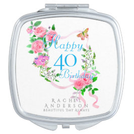 Espejo Compacto Cinta de Rosa Rosa para 40 Cumpleaños