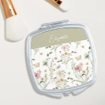 Espejo Compacto Flor de flores nombre personalizado<br><div class="desc">¡Haz que este espejo floral compacto personalizado sea tu propio! El hermoso diseño consiste en tu nombre, en un alfabeto moderno, rodeado de acuarelas con flores silvestres de color rosa, azul y verde sabio. Este compacto es perfecto para llevar consigo en su cartera, mochila o bolsillo y es el regalo...</div>