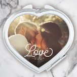 Espejo Compacto LOVE Modern Calligraphy Boda de fotografía simple<br><div class="desc">Moderno boda keepsake o regalo de invitados para recién casados,  El día de San Valentín mostrando tu foto de compromiso favorita con caligrafía de escritura moderna leyendo AMOR sobre tus nombres personalizados y fecha sobre un gradiente oscuro para hacer que la tipografía destaque.</div>