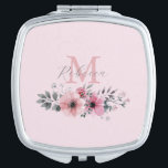 Espejo Compacto Moda botánica color de agua rosado floral<br><div class="desc">Moda botánica floral elegante plantas follaje gris rosa flor monograma espejo compacto</div>