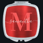Espejo Compacto Monograma de firma roja metálica<br><div class="desc">Crea tu propio nombre giratorio personalizado y espejo compacto monogramado para una dama de honor. El Relieve metalizado rojo falso metálico gráfico de arte digital se imprimirá como una foto. Se puede personalizar el monograma contemporáneo rojo y blanco con un elegante diseño de caligrafía de estilo característico.</div>