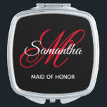 Espejo Compacto Monograma de la dama de honor blanco y rojo negro<br><div class="desc">Un monograma personalizado y jovial con un guión de caligrafía elegante emparejado en rojo brillante, negro y blanco. Crea tus propios regalos de agradecimiento para una criada de honor y damas de honor. Personalizar los colores del tipo de letra para que coincidan con la paleta boda. El florecimiento de la...</div>