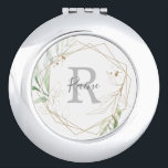 Espejo Compacto Nombre de la vegetación aérea y regalo inicial de<br><div class="desc">Este amplio nombre de vegetación y el espejo de regalo de la dama de honor es perfecto para un boda moderno. El elegante diseño botánico presenta un eucalipto de acuarela clara y aireado,  acentuado con hojas de purpurina dorada. Personalice el espejo con su nombre y primer monograma inicial.</div>