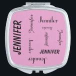 Espejo compacto personalizado, repeticiones<br><div class="desc">Este espejo compacto personalizado se adorna con su nombre en la repetición de letras negras, en diversas fuentes, diversos tamaños, todos en un fondo rosa claro. Fácil personalizar - apenas CAMBIE EL NOMBRE en UN LUGAR. Un qué regalo maravilloso para las damas de honor, el aprecio del profesor, o cualquier...</div>