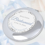 Espejo Compacto Regalo de la dama de honor Dusty Blue & Silver Lac<br><div class="desc">Estos espejos compactos están diseñados para dar como favores a las damas de honor en tu fiesta de boda. Presentan un diseño sencillo y elegante con fondo blanco, escritura azul polvorienta y un Relieve metalizado gris plateado con un borde de encaje floral. ¡Una forma perfecta de agradecer a sus damas...</div>
